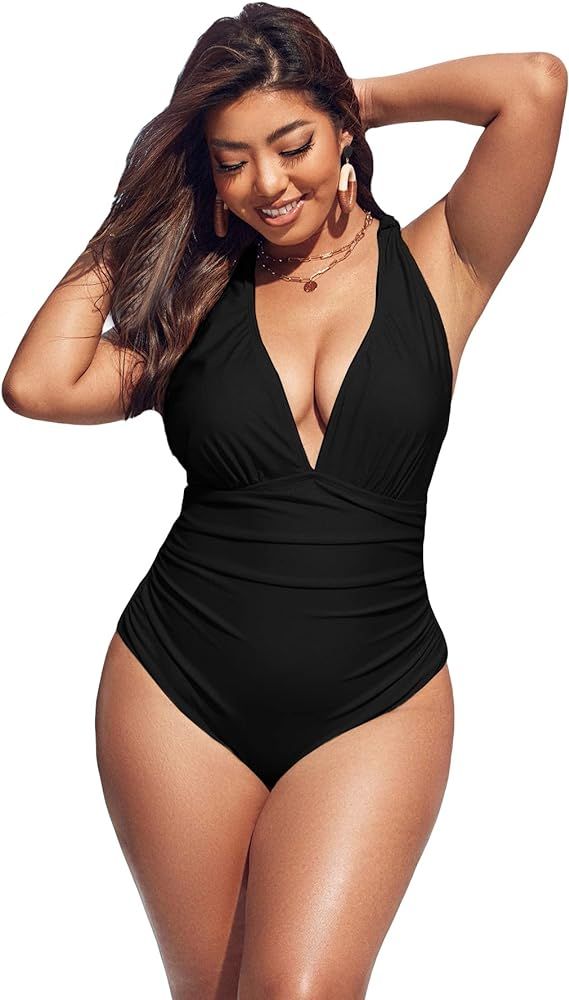 Floerns Women's Plus Size Sexy One Piece Swimsuit Halter Bathing Suit Monokini | Amazon (US)