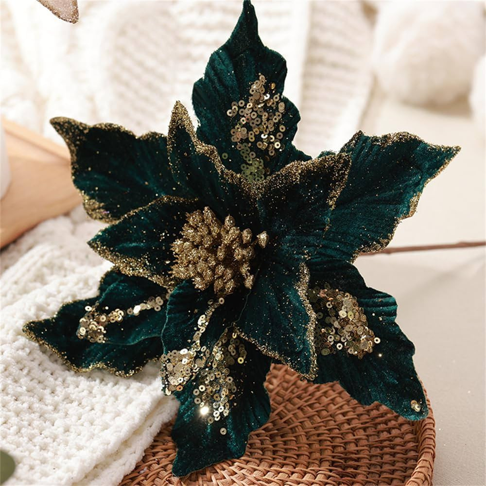 Ansho Pack of 6 Glitter Poinsettia Flower 11 Inches Large Artificial Christmas Flower Decoration ... | Amazon (US)