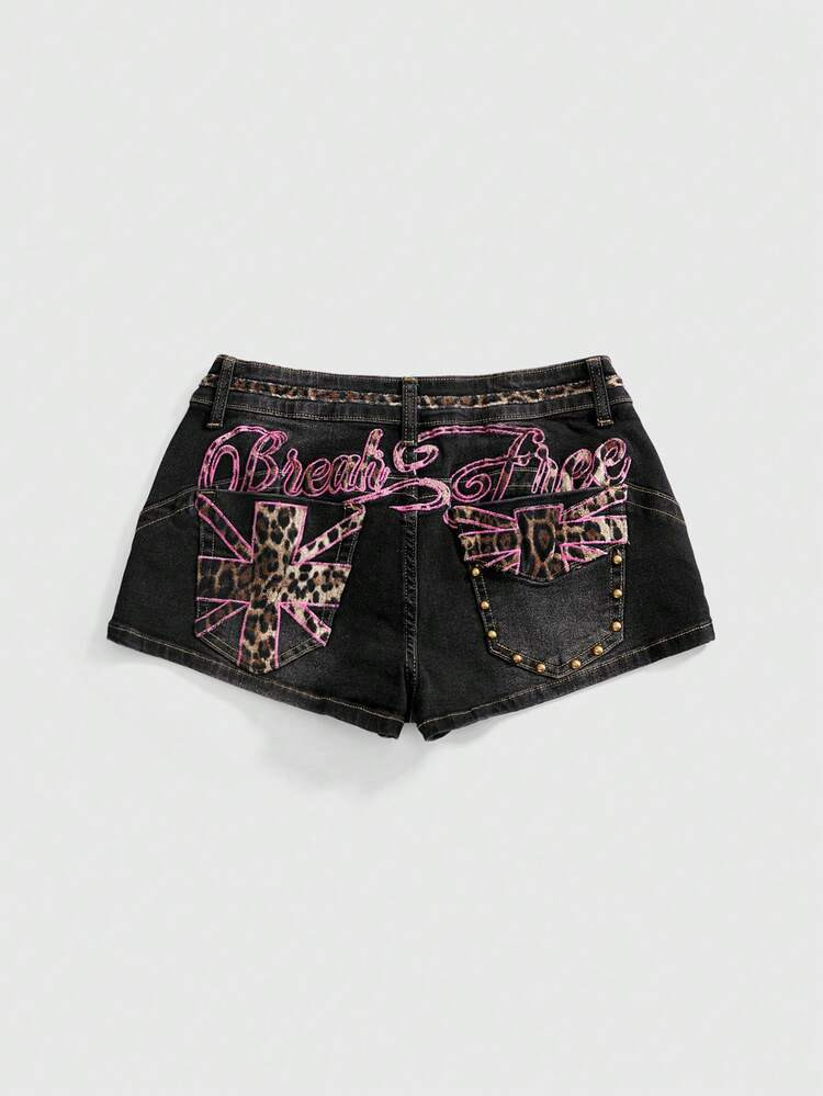 ROMWE Grunge Punk Women's Y2K Baddie Leopard Print Embroidered Super Low-Rise Mini Denim Shorts, ... | SHEIN