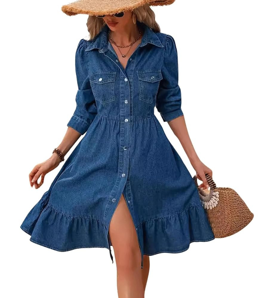 utcoco Women's Flowy Denim Dress 2025 Vacation Lapel Long Puff Sleeve Button Down A Line Swing Ru... | Amazon (US)
