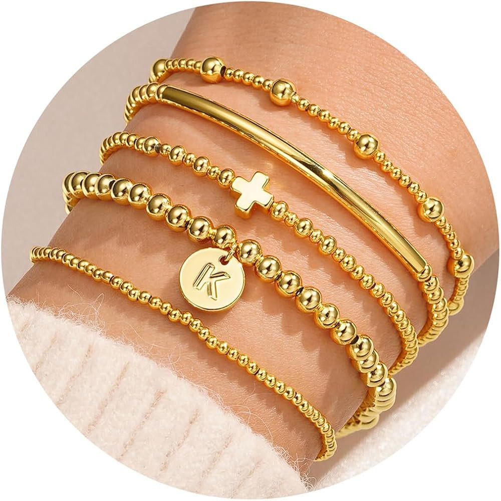 Turandoss Gold Cross Bead Bracelets Sets for Women Girls - Dainty Layered Cross Bracelets for Wom... | Amazon (US)