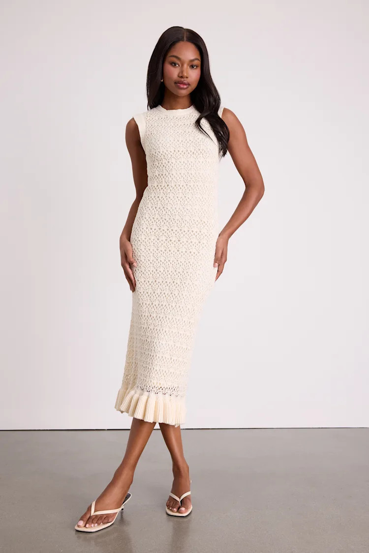 Nusa Cream Crochet Ruffled Column Midi Dress | Lulus