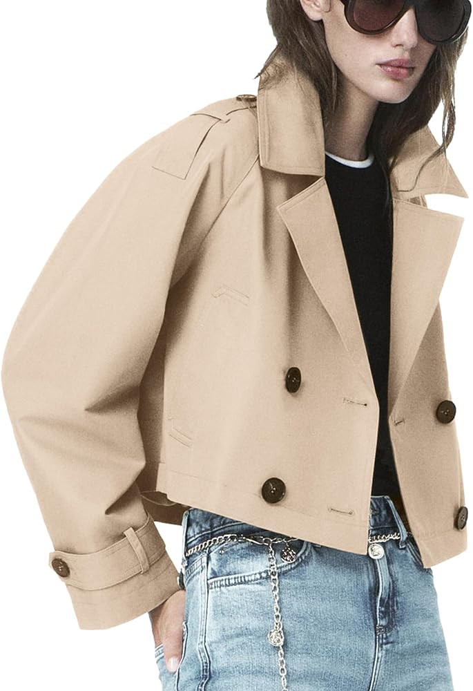 ELLEVEN Womens Cropped Trench Coat, Casual Double Breasted Short Jackets Long Sleeve Loose Fit Fa... | Amazon (US)