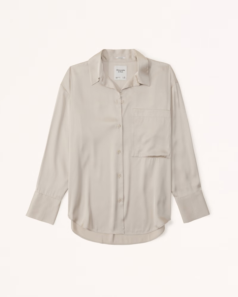 Long-Sleeve Oversized Satin Button-Up Shirt | Abercrombie & Fitch (US)