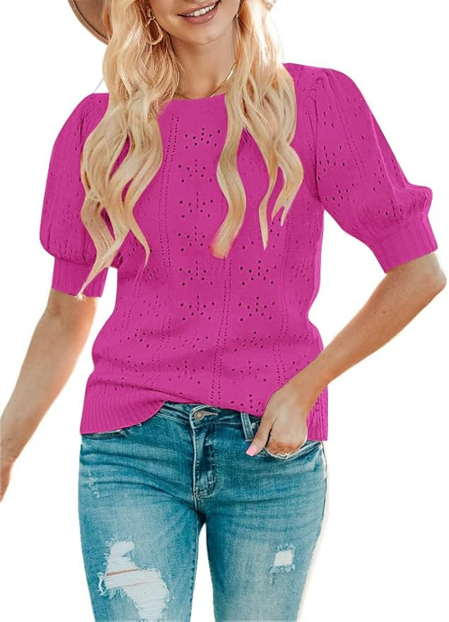 MEROKEETY Women's Puff Short Sleeve Sweater Tops Crew Neck Crochet Knit Soft Pullover Shirt | Amazon (US)
