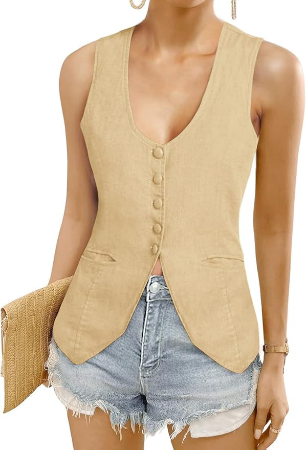 Womens Vest Top Trendy V Neck Summer Sleeveless Blazer Vest Waistcoat Linen Cotton Tank Tops 2025 | Amazon (US)