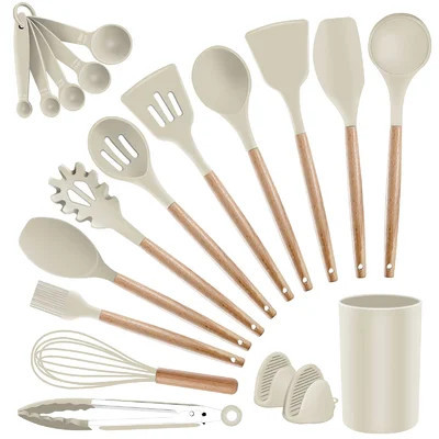 Kitchen Utensils Set Cooking Utensils - SZBOB Heat Resistant/Non-Stick/Non Toxic/BPA Free Silicon Spoons Spatula Whisk Tongs Wooden Handle Kitchen Ute | Wayfair North America