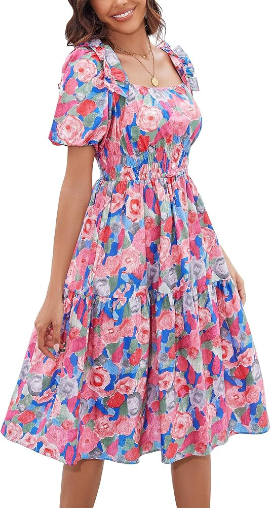Kormei Women's Square Neck Summer Boho Floral Puff Sleeve A-line Tiered Flowy Casual Midi Dress S... | Amazon (US)