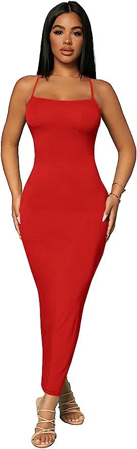Verdusa Women's Criss Cross Backless Spaghetti Strap Long Cami Bodycon Dress | Amazon (US)