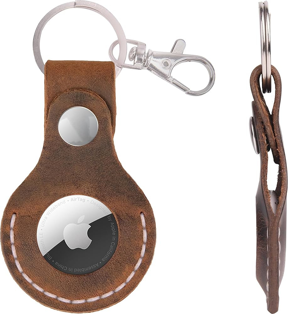 Leather Airtag Case Keychain, Portable Handmade Genuine Leather Airtag Holder (Tan) | Amazon (US)