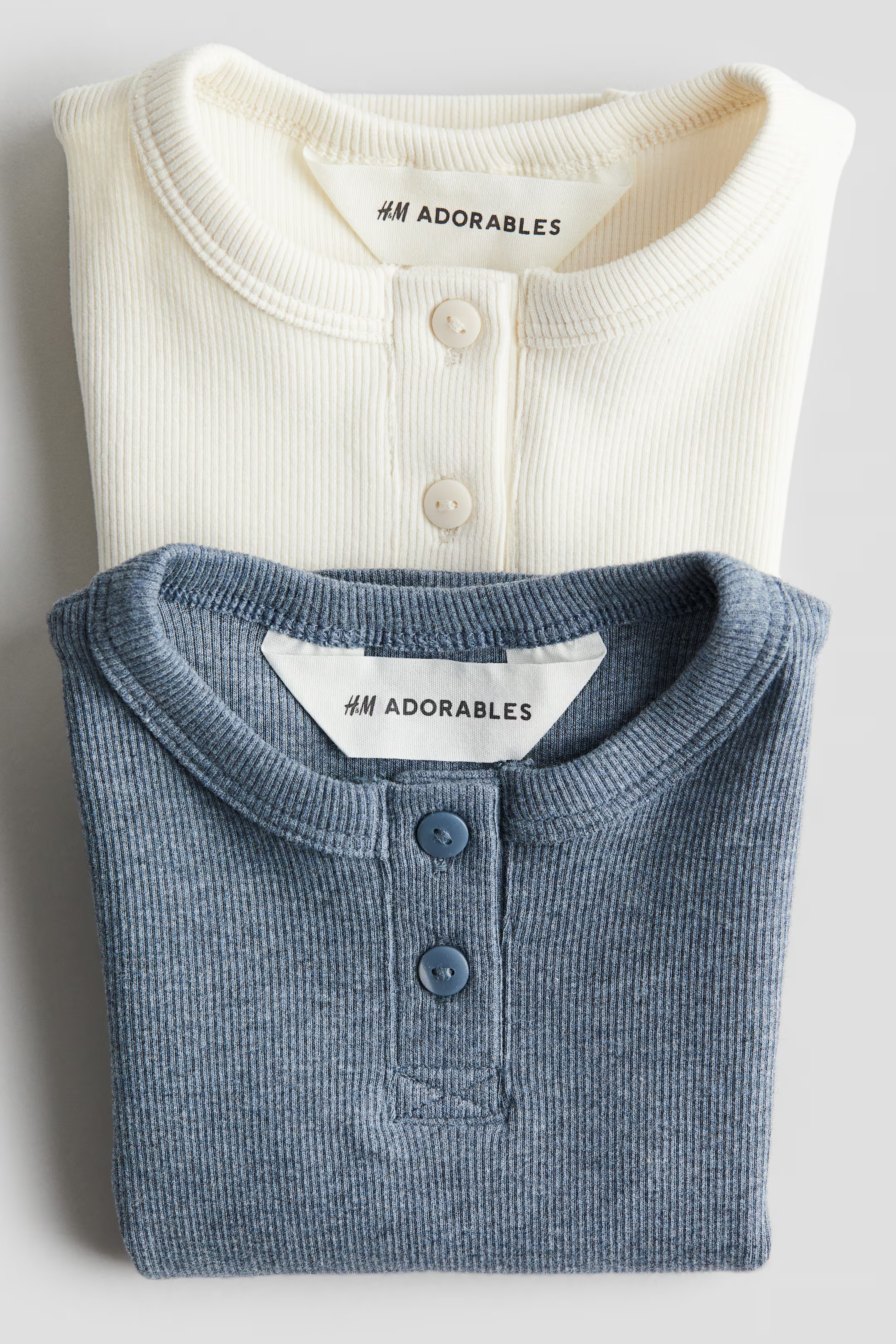 2-pack Ribbed Cotton Henley Shirts - Round Neck - Short sleeve - Dusty blue melange/cream - Kids ... | H&M (US + CA)