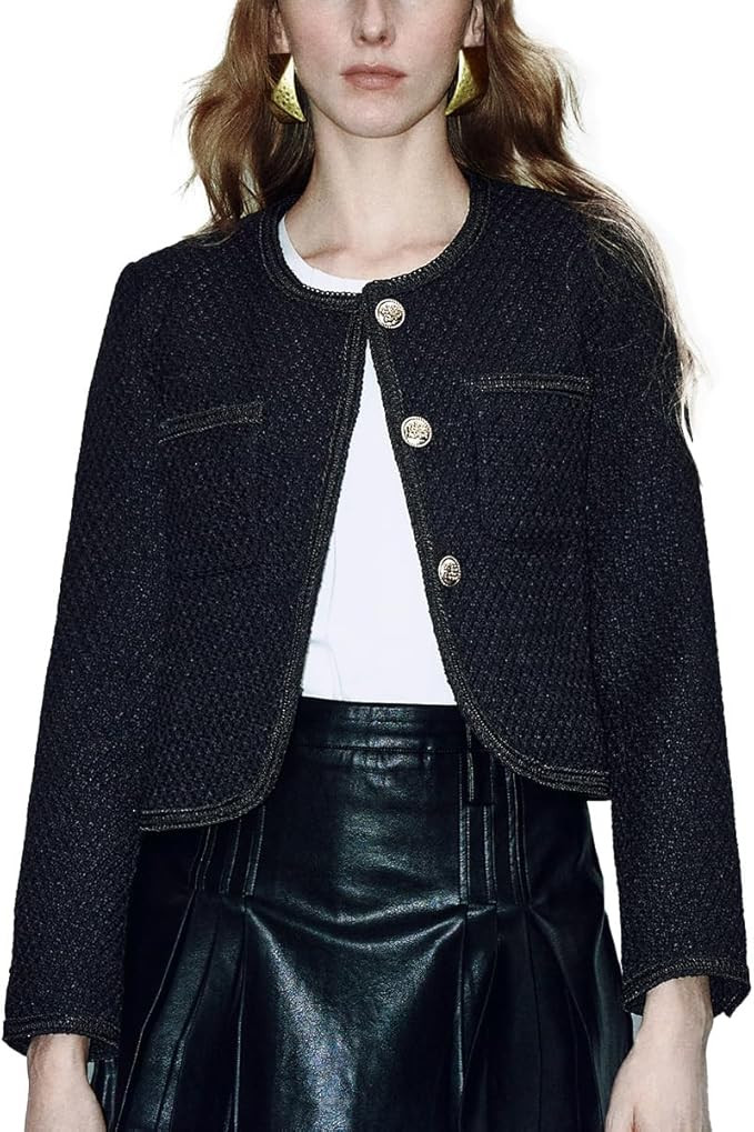 Women's Casual Business Cropped Tweed Blazers Jacket with Pocket Slim Fit Long Sleeve Short Suit ... | Amazon (US)