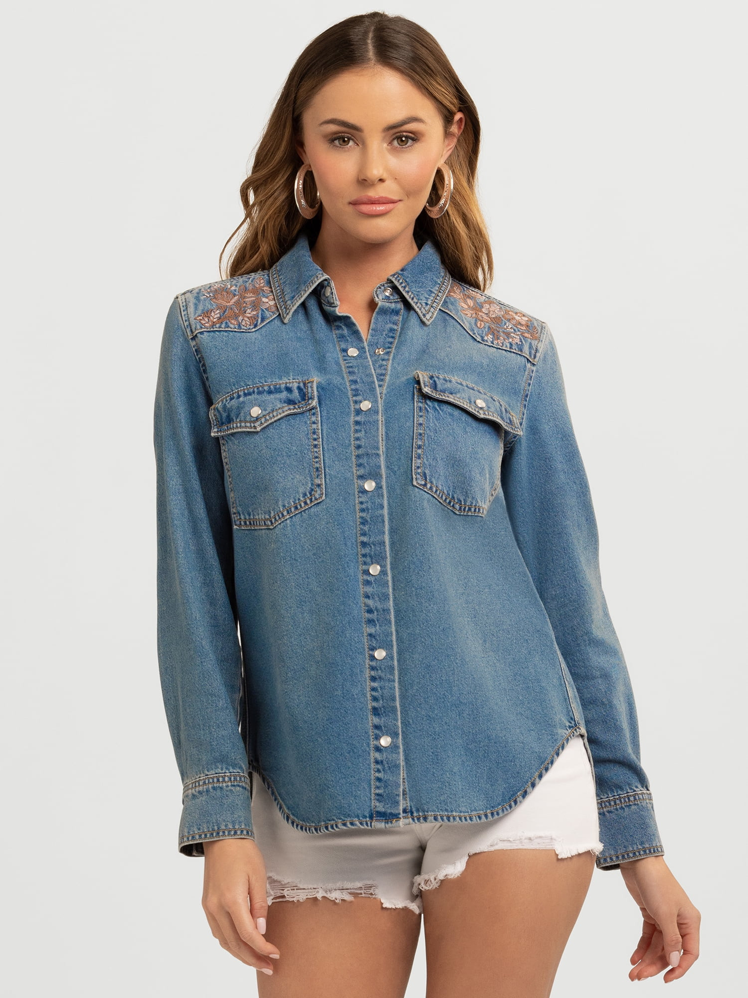 Jessica Simpson Women's Relaxed Denim Shirt with Long Sleeves, Sizes XS-XL | Walmart (US)