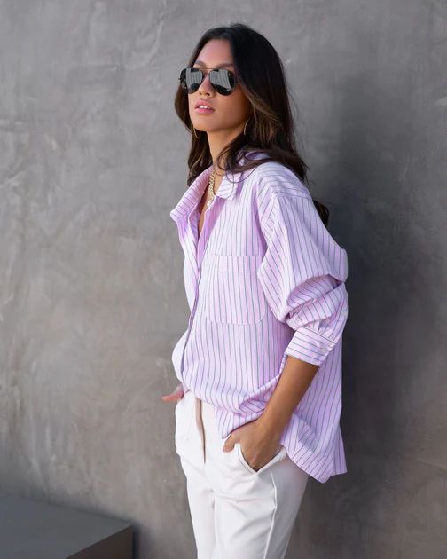 Business Fun Stripe Button Down Top - Pink | VICI Collection
