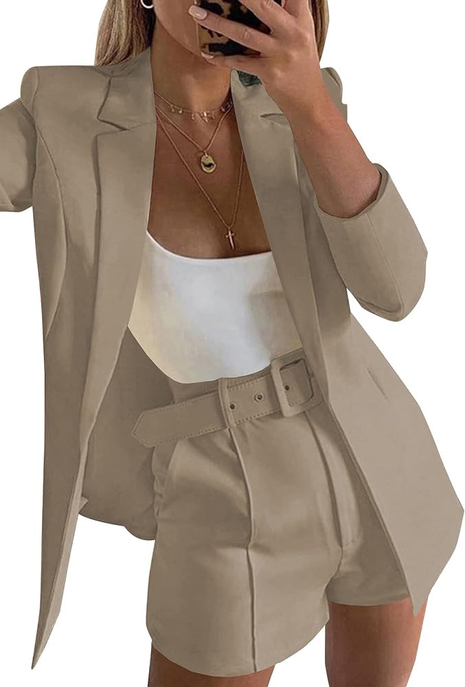 Tcremisa Blazer Shorts Set for Women 2 Piece Long Sleeve Open Front Blazers Short Suits Business ... | Amazon (US)