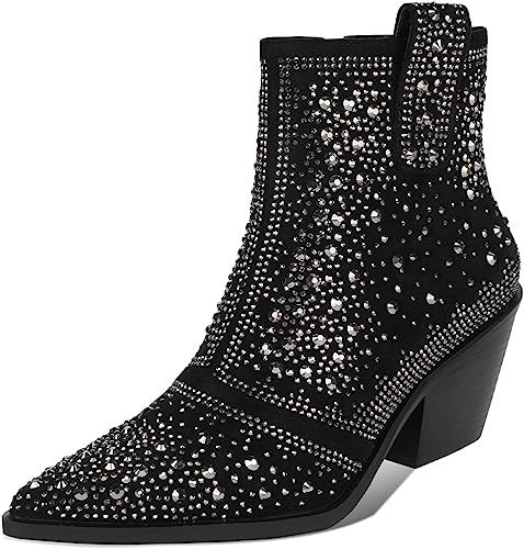 ISNOM Women's Rhinestone Boots Pointed Toe Block Heel Sparkly Ankle Boots Western Cowboy Cowgirl ... | Amazon (US)