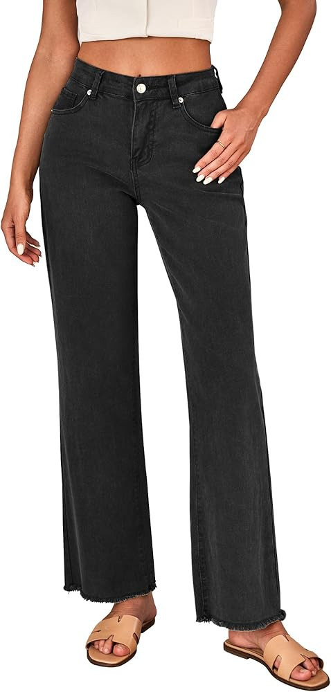 LookbookStore Wide Leg Jeans for Women Trendy High Waisted Straight Leg Frayed Hem Baggy Stretchy... | Amazon (US)
