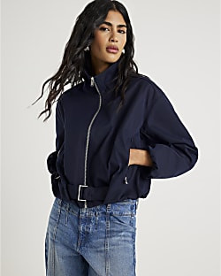 Navy Belted Bubble Hem Jacket | River Island UK & IE