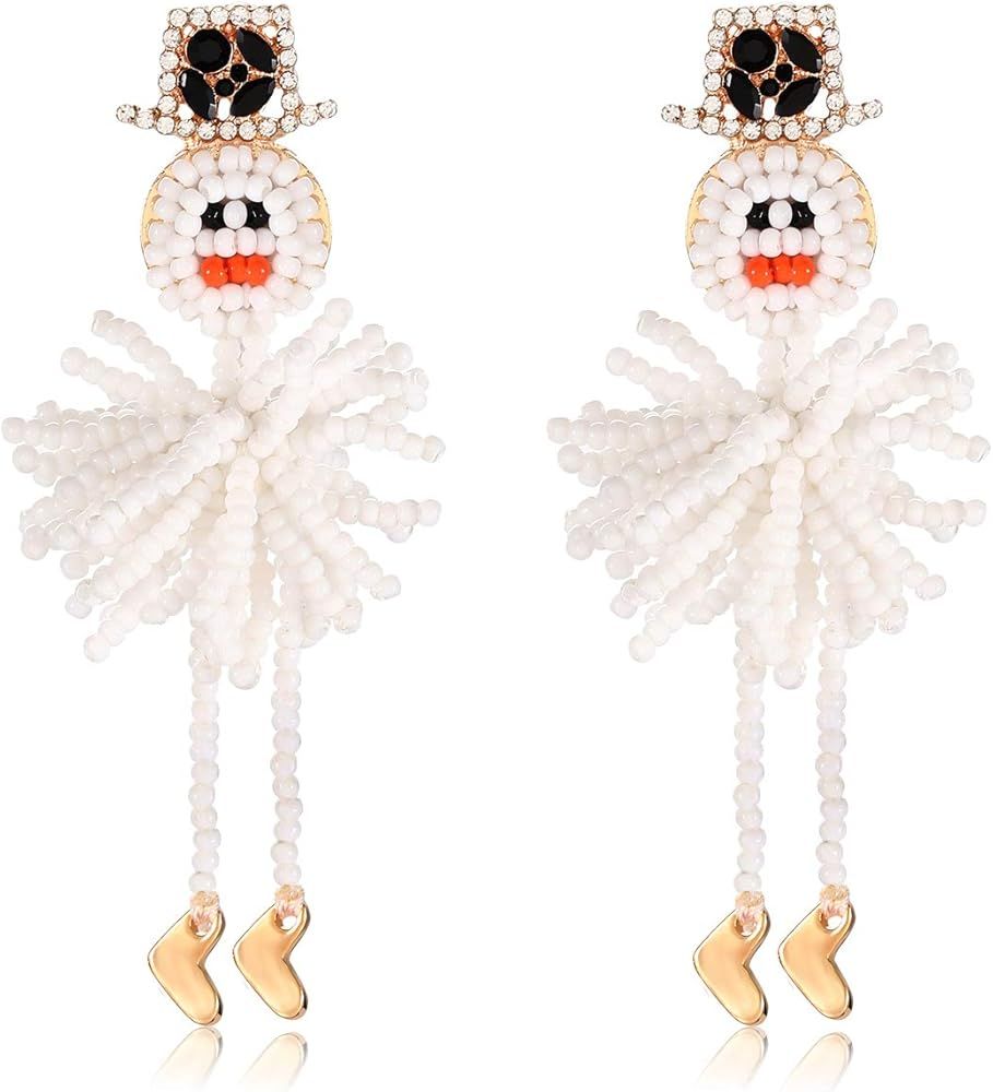 Christmas Earrings Xmas Snowman Dangle Earrings Boho Statement Beaded Snowman Drop Earrings Winte... | Amazon (US)
