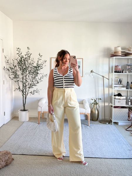 I’m super into stripes and trousers at the moment so combined I think this is super cute! 

The stripe knitted sweater vest tank I am wearing a size small. This also comes in black, white and gray.

Pants I sized up to a 32/12L in these. I typically wear a 28/6L (I am 5’5’) in any Abercrombie curve love collection jeans, however, when it comes to dressier pants, Ive always had to size up across all retailers. Being a curvier build, I don’t like dress pants to sit too tight to my butt, nor want it to tight around the thighs! I do want to order a 30/10L to compare, but since the trousers have an elastic waistband, they aren’t too loose in the waist, plenty of stretch!

#LTKmidsize #LTKfindsunder100 #LTKover40