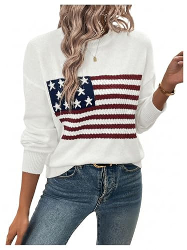 SweatyRocks Women's American Flag Print Long Sleeve Sweater Casual Loose Knit Round Neck Pullover Top White Small | Amazon (US)