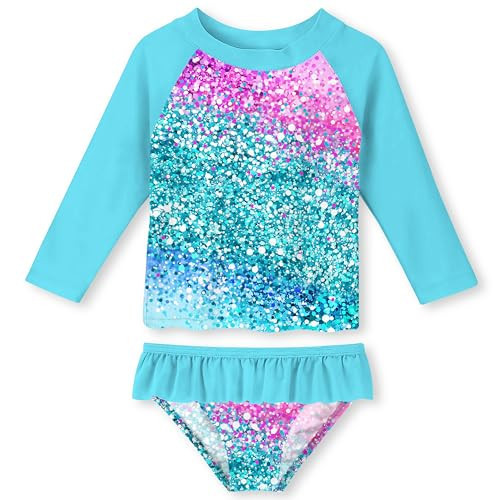 Kids Girls Swimwsuit 3-4 Years Old Long Sleeve Fashion Shiny Two Piece Swimwear Blue Sparkly Rash Guard Bathing Suit | Amazon (US)