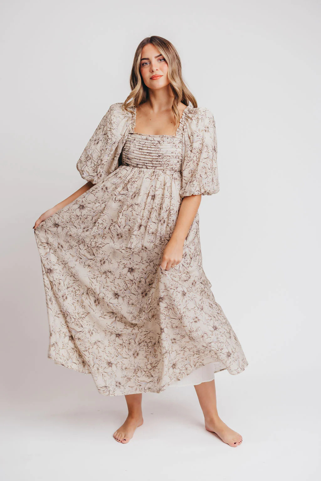 Melody Maxi Dress with Pleats and Bow Detail in Brown and Blue Floral | Worth Collective