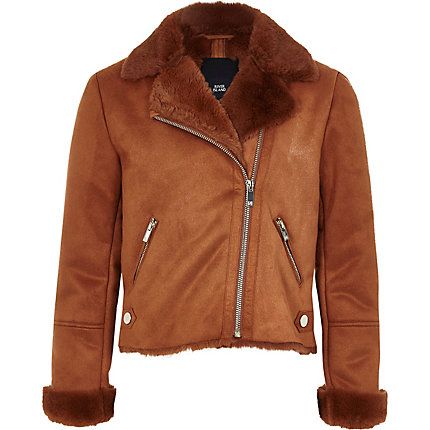 Girls light Brown faux fur biker jacket | River Island (UK & IE)