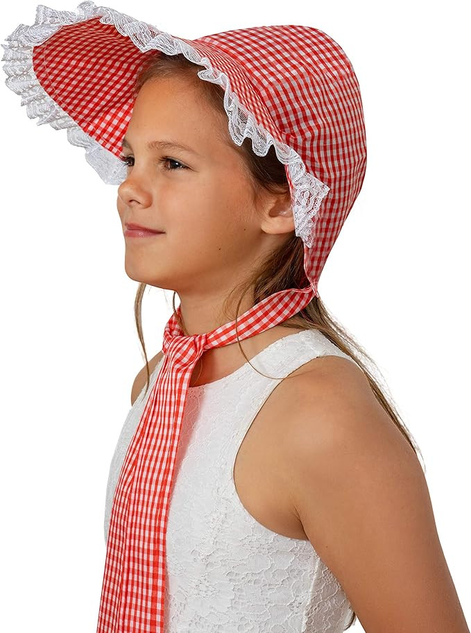 Amazon.com: Skeleteen Colonial Pioneer Womens Bonnet - Revolutionary War Red and White Gingham Pi... | Amazon (US)
