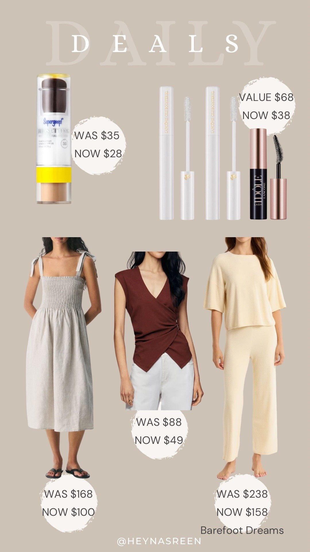 Daily deals on Supergoop powder sunscreen, Lancôme primer & mascara set, Barefoot Dreams pajamas, Anthropologie top, Aritzia dress