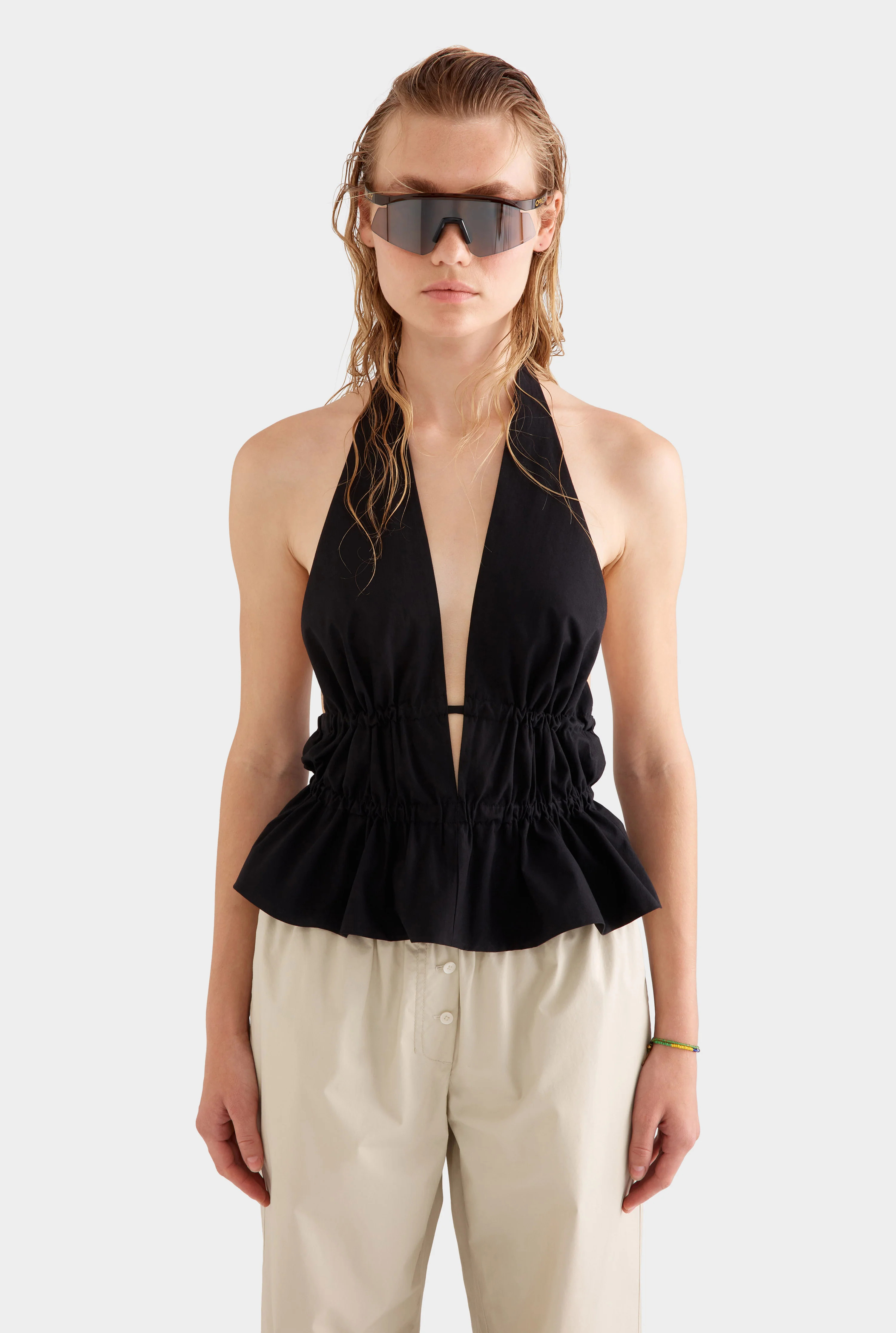 Womens Cotton Poplin Halter Top in Black | Venroy | Venroy AU