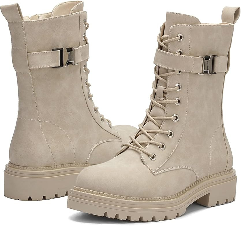 CentroPoint Women's Lace Up Combat Boots Low Heel Mid Calf Military Booties Round Toe Side Zipper... | Amazon (US)