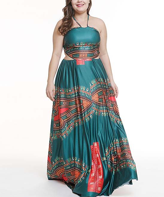 Belle de Jour Women's Maxi Dresses GREEN - Green & Red Geometric Cutout Halter Maxi Dress - Plus | Zulily