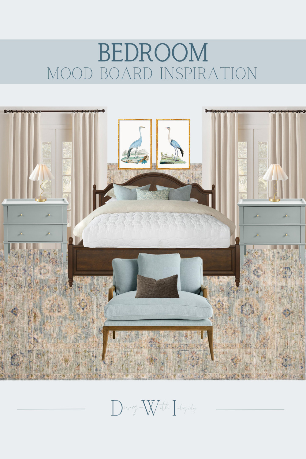 This bedroom mood board was designed to feel fresh, classic, and effortlessly inviting. Soft blue accents bring a sense of calm, while warm wood tones ground the space and add timeless character. The layered bedding keeps the look light and airy, complemented by tailored nightstands and sculptural lighting for a refined finish. Subtle pattern in the rug and artwork adds depth without overwhelming the palette.

The cozy accent chair creates the perfect finishing touch, adding both function and softness to the room. Tap through to shop all selections and bring this serene, collected bedroom look into your own home.

#bedroominspiration #interiordesign #bedroomdecor #neutralbedroom #bluebedroom #cozyinteriors #homeinspo #bedroomdesign #ltkhome

bedroom mood board
blue and neutral bedroom
coastal bedroom inspiration
classic bedroom design
warm wood bedroom furniture
cozy bedroom decor
layered bedding
bedroom lighting ideas
interior design inspiration 

 #LTKHome