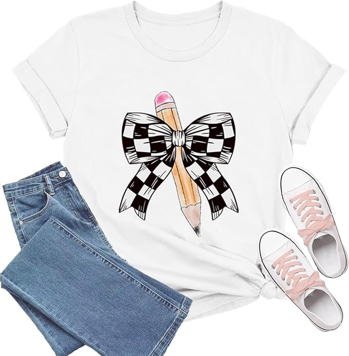 Teacher Shirts for Women Bow Teacher T-Shirt Pencil Teaching Tee Tops | Amazon (US)