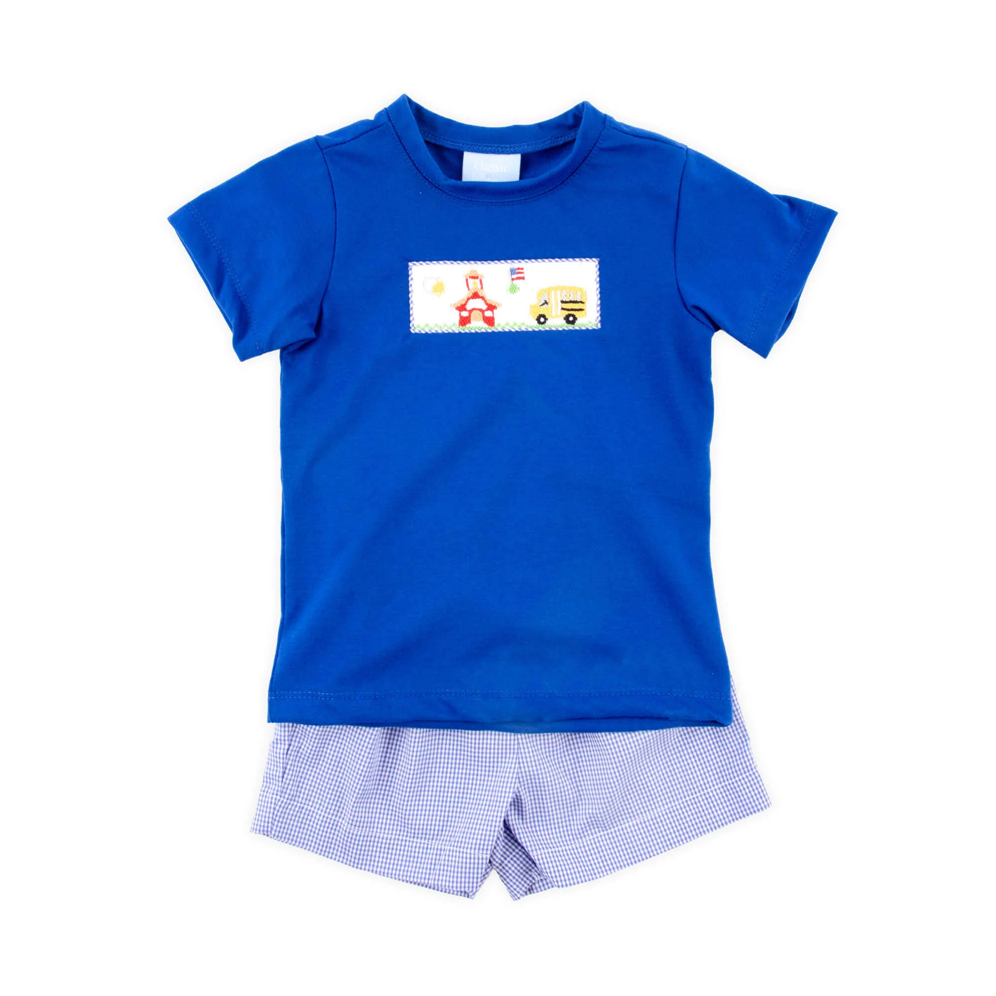 School Bus Smocked Royal Gingham Short Set | Classic Whimsy