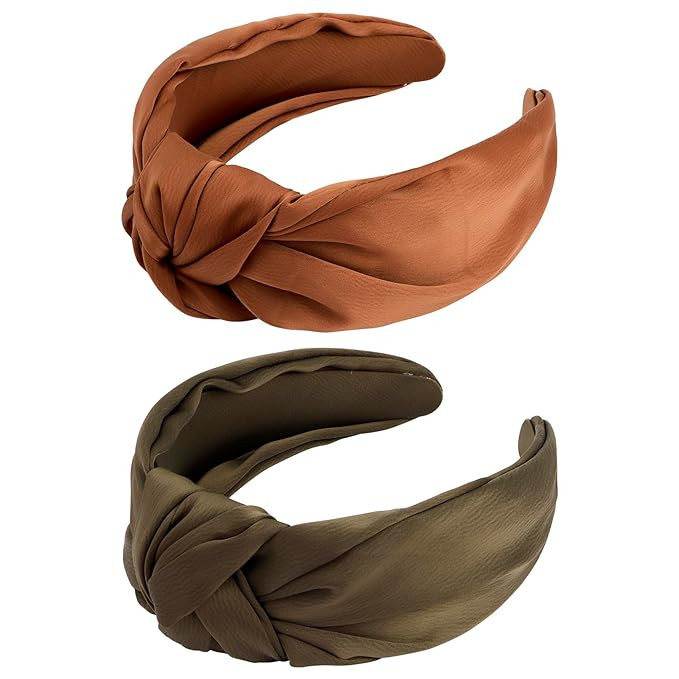 VELSCRUN 2 Pack Satin Wide Knotted Headbands - Brown Elastic Turbans, Non-Slip Silk Hair Styling ... | Amazon (US)
