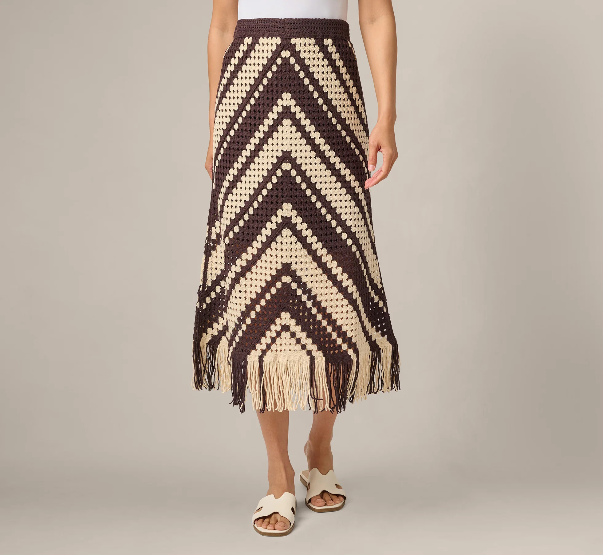 Crochet Knit Fringe Midi Skirt In Chocolate Cream | Adrianna Papell