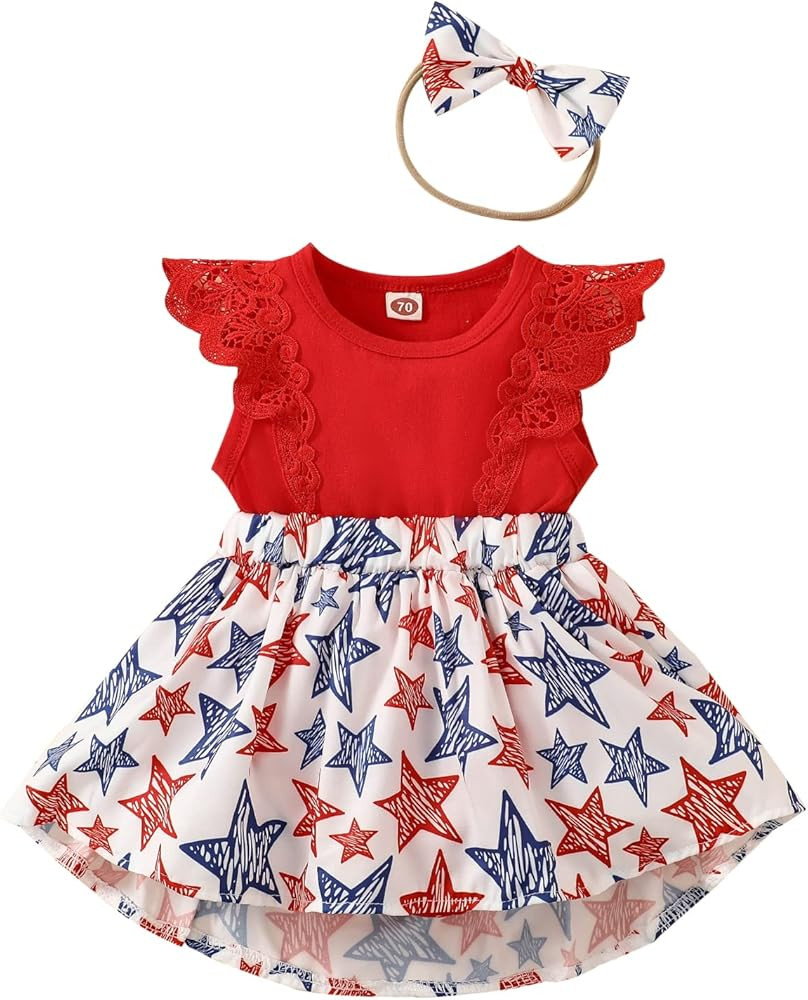Newborn Baby Girl Independence Day Outfit 4th of July Dress Ruffle Lace Romper Sleeveless Top Sta... | Amazon (US)