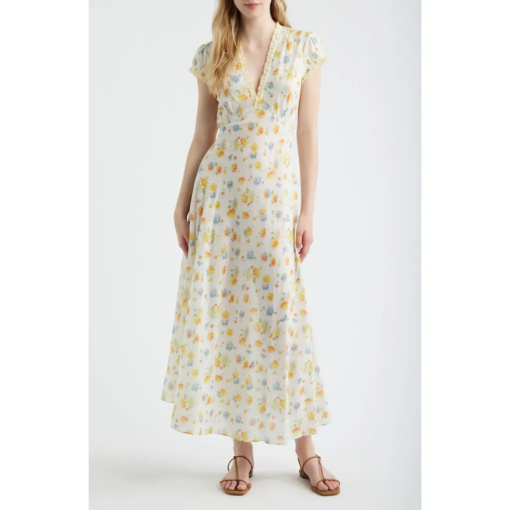 DÔEN Helia Floral Print Voile Midi Dress in Dahlia Floral at Nordstrom, Size X-Large | Nordstrom