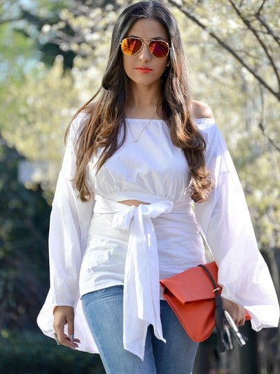 White Puff Sleeve Off-the-shoulder Self-tie Front Blouse | SHEIN