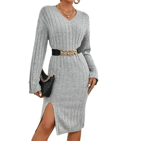 Casual Plain V neck Long Sleeve Grey Women Sweater Dresses Without Belt (Women s) | Walmart (US)