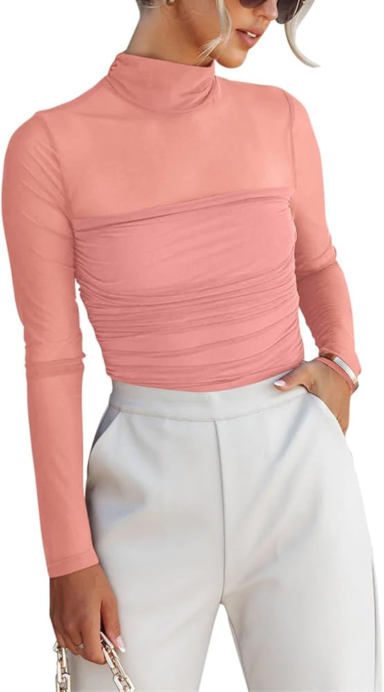 REORIA Women’s Trendy Sexy Mock Turtle Neck Long Sleeve Sheer Mesh Ruched Going Out Bodysuits T... | Amazon (US)