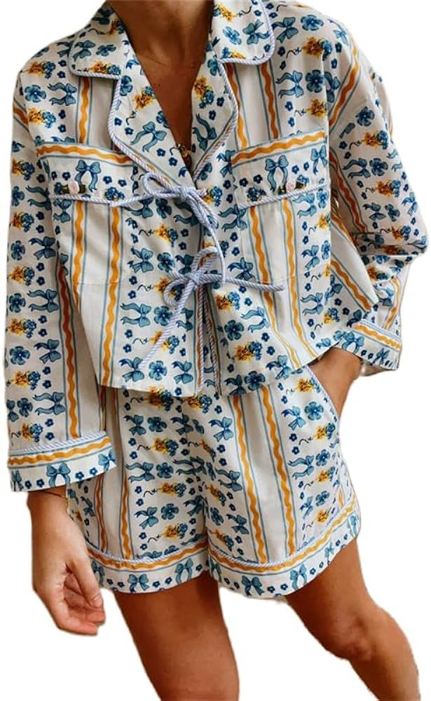 Yuemengxuan Women Y2k Peplum Shirt Shorts Set Two Piece Lounge Set Pajamas Sets Puff Sleeve Tie F... | Amazon (US)