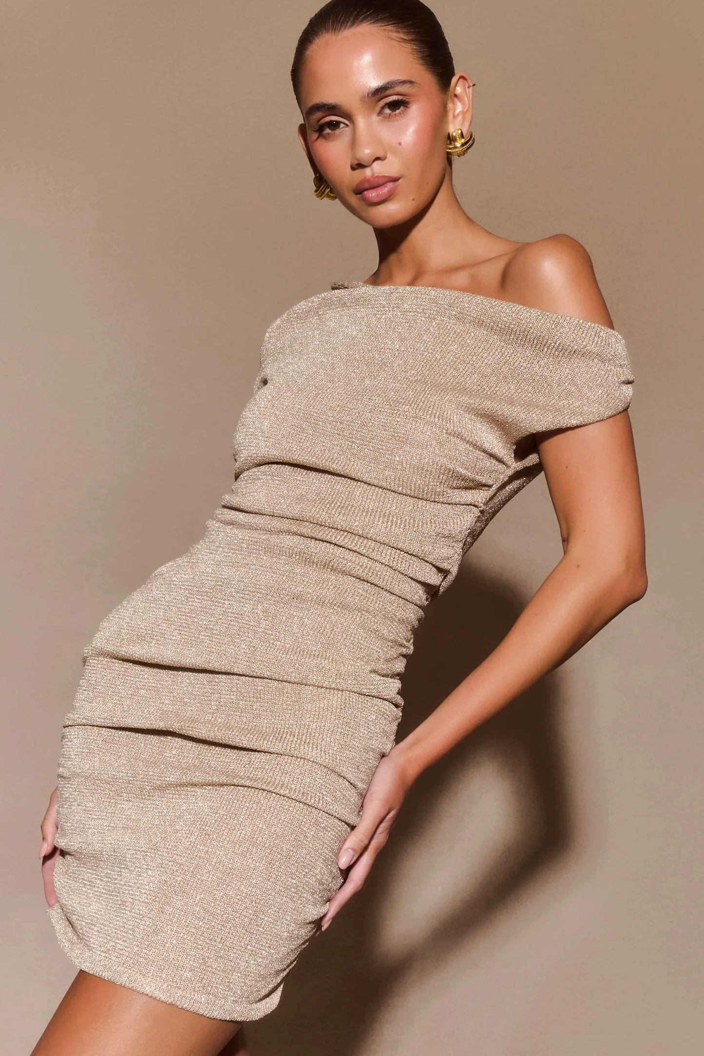 Pasha Off Shoulder Knit Mini Dress - Gold | MESHKI US