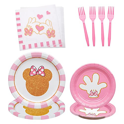 96 Pcs Minnie Tableware Set for Girl Pink Animals Theme Party Supplies With Gold Foil Decorations, Paper Plates, Napkins, Forks - Serves 24 Guests | Amazon (US)