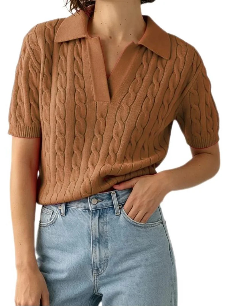 Short Sleeved Women Solid Color Lapel V Neck Casual Knit Cable Pullver Sweater | Walmart (US)