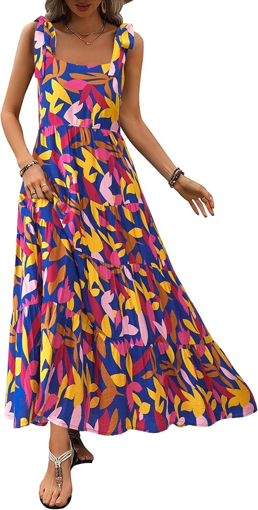 PRETTYGARDEN Women Dresses 2026 Summer Floral Sleeveless Maxi Dress Casual Spaghetti Strap Tiered... | Amazon (US)