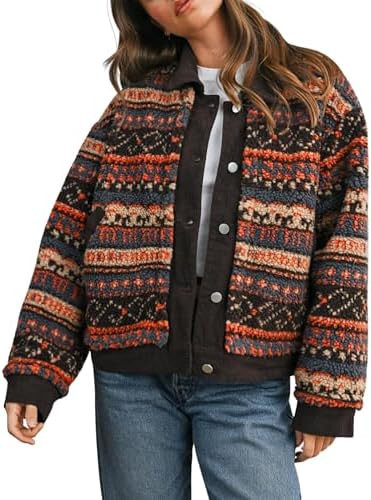 Women's Floral Sherpa Jacket Open Front Denim Collar Fleece Jackets Oversized Outerwear with Pock... | Amazon (US)