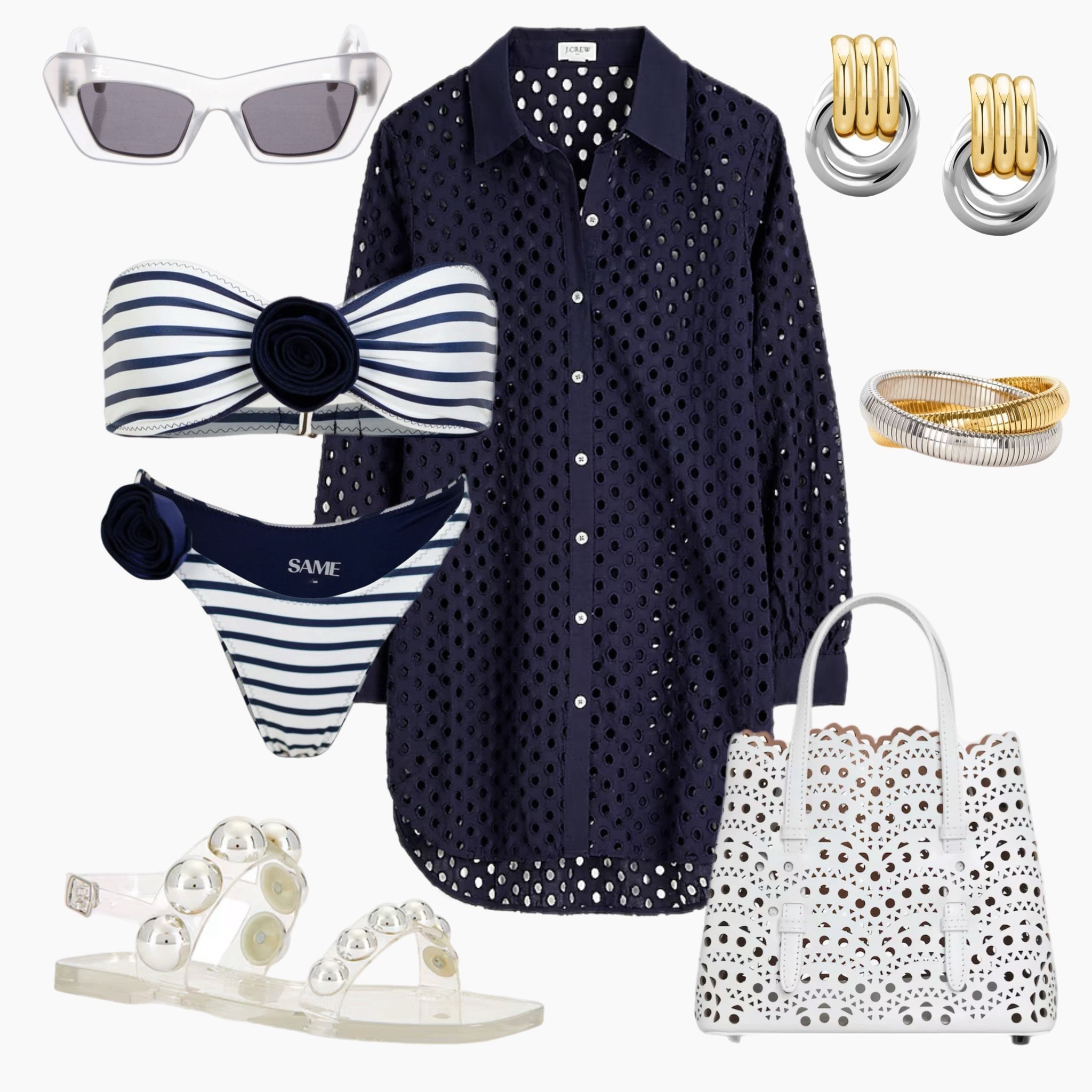 Nautical chic for the 4th ⚓️🇺🇸 This navy eyelet cover-up paired with a striped floral bikini is giving classic Americana with a modern twist. Finished with pearl-detailed sandals, mixed metal jewelry, and the prettiest white laser-cut tote—perfect for beach days, boat rides, and everything in between!

#4thOfJulyStyle #NauticalVibes #AmericanaChic #BeachDayLook #SummerSwimStyle #LTKswim #ResortWearGoals #RedWhiteAndCute #LTKholidaystyle #StyledByMar

#LTKSwim #LTKItBag #LTKSeasonal